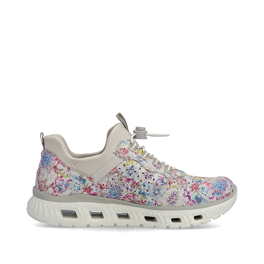 Mehrfarbige Rieker Damen Slipper M6081-90 mit floralem Muster sowie Gummizug. Schuh Innenseite.