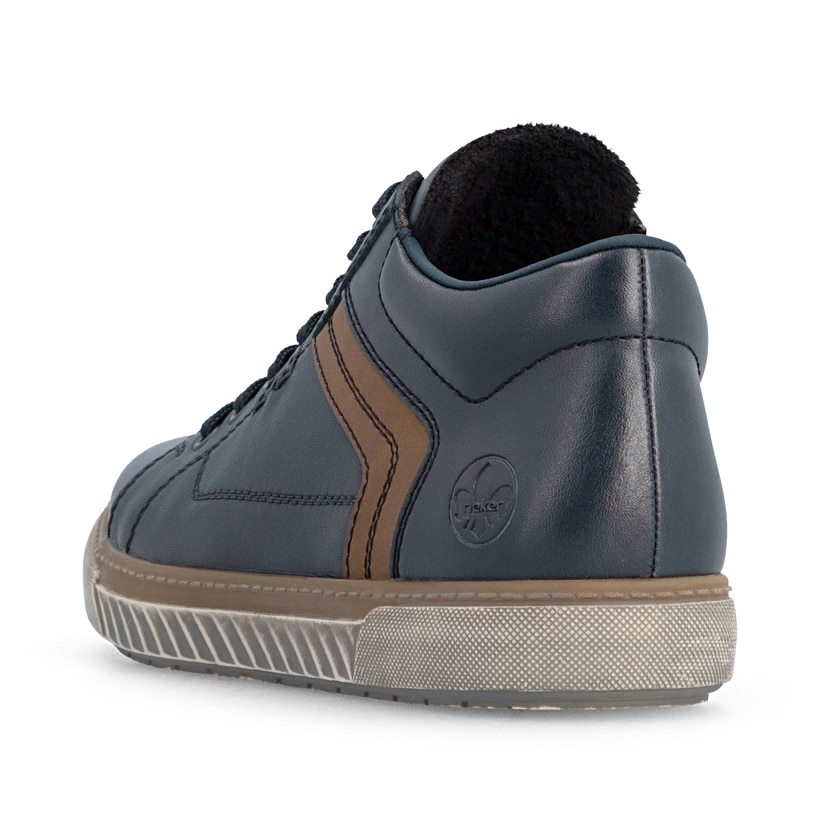 Dunkelblau-braune Rieker Herren Schnürstiefel 17940-14 aus Glattleder. Schuh von hinten.