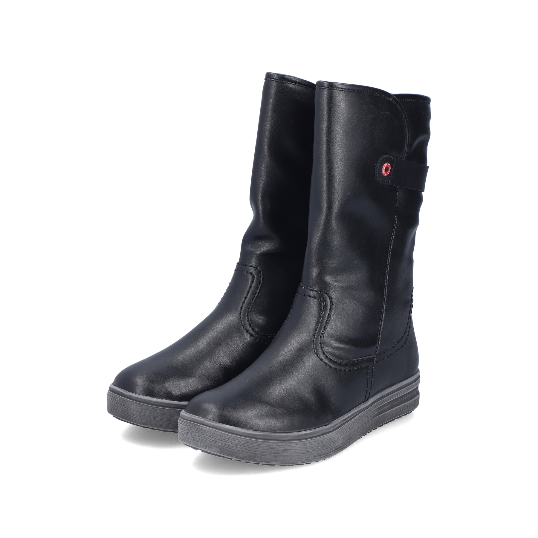 Schwarze Rieker Damen Kurzstiefel L2580-00 mit einem Reißverschluss. Schuhpaar seitlich schräg.