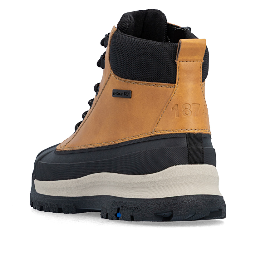 Schwarz-ockerfarbene Rieker Herren Schnürstiefel 30302-20 mit dem Glacier Grip. Schuh von hinten.