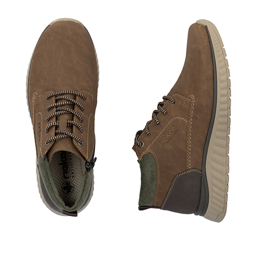 Zimtbraune Rieker Herren Schnürstiefel B0603-24 mit einem Reißverschluss. Schuh von oben, liegend.