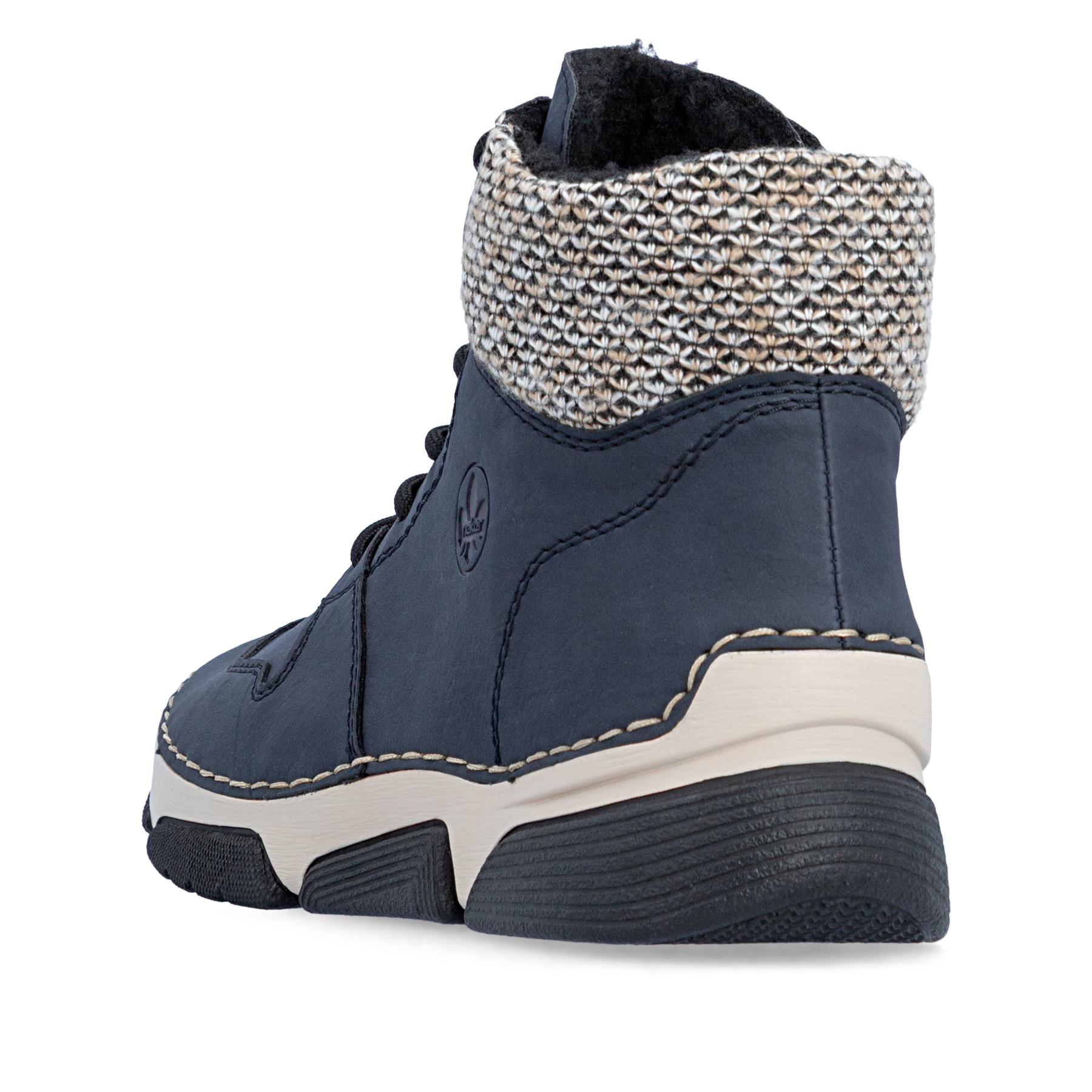 Dunkelblaue Rieker Damen Schnürstiefel 45955-15 mit Strick-Kragen. Schuh von hinten.