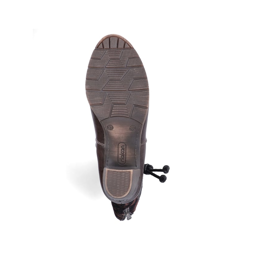 Brombeerfarbene Rieker Damen Hochschaftstiefel 96059-90 mit floralem Aufdruck. Schuh Laufsohle.
