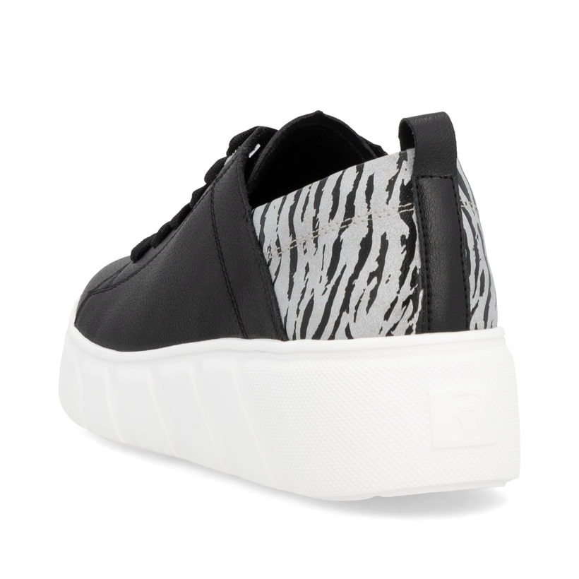 Schwarze Rieker Damen Sneaker Low W2602-02 mit einer Schnürung. Schuh von hinten.