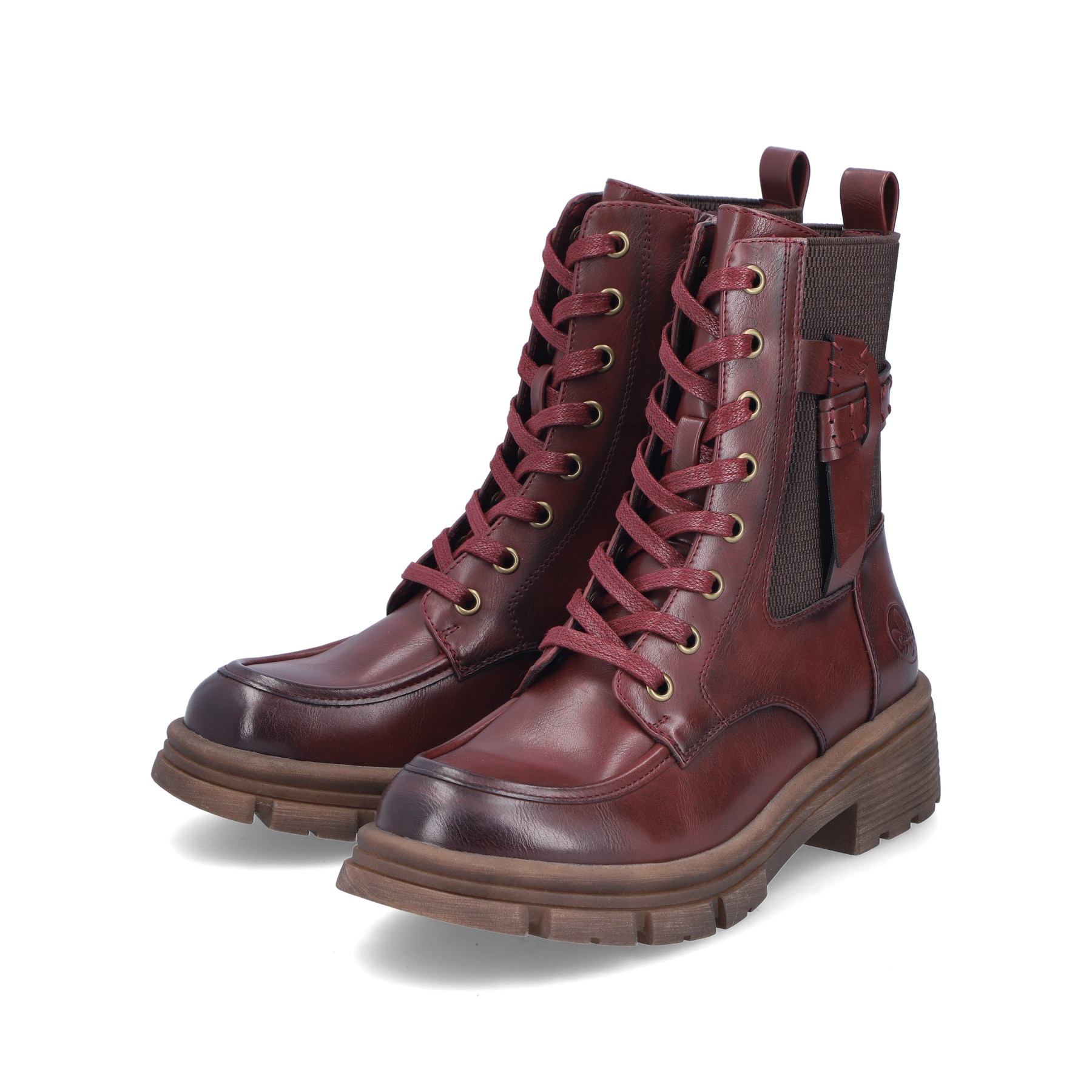 Dunkelrote Rieker Damen Schnürstiefel 91432-35 mit einem Reißverschluss. Schuhpaar seitlich schräg.