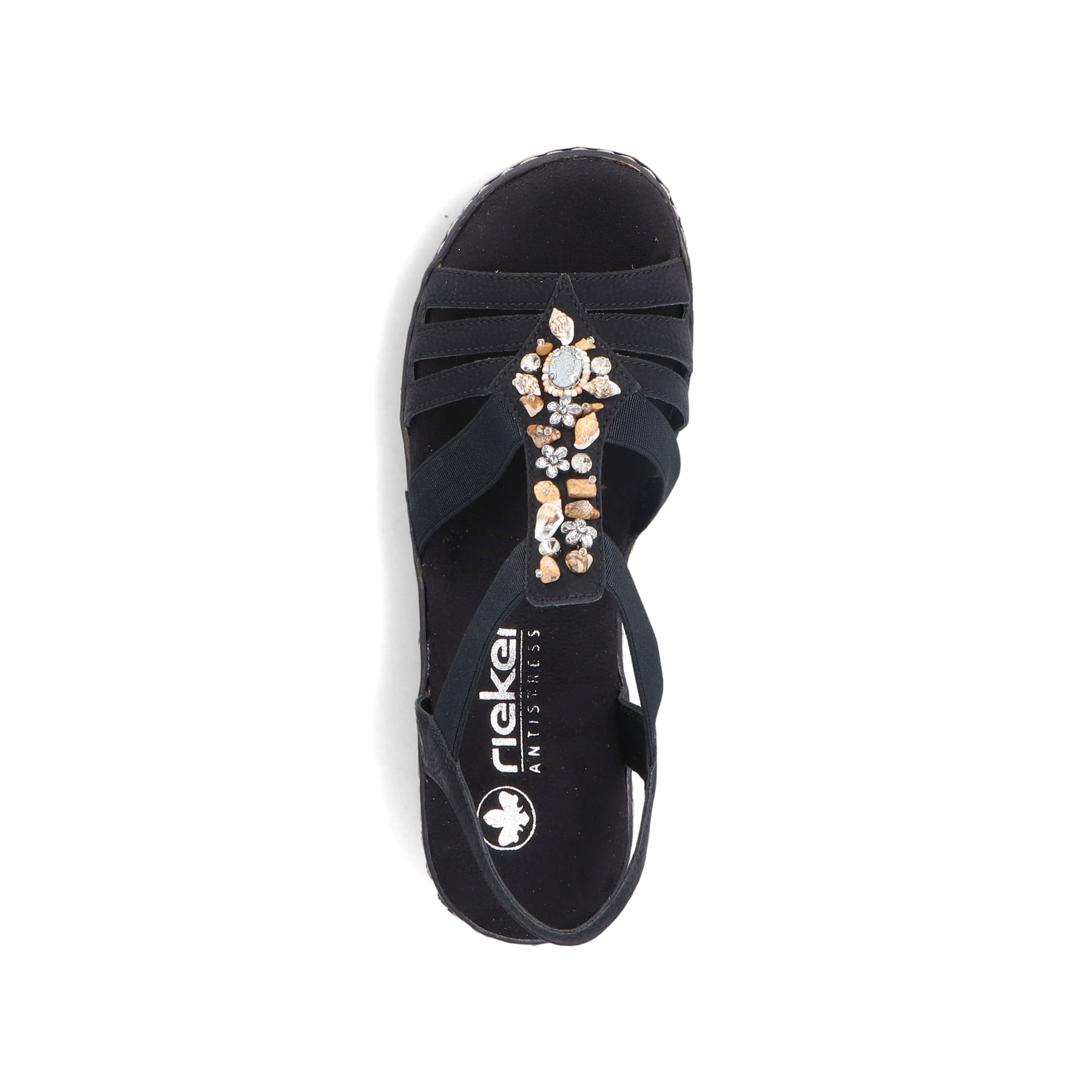 Schwarze Rieker Keilsandaletten 62949-00 mit Schmuckelementen sowie Gummizug. Schuh von oben.