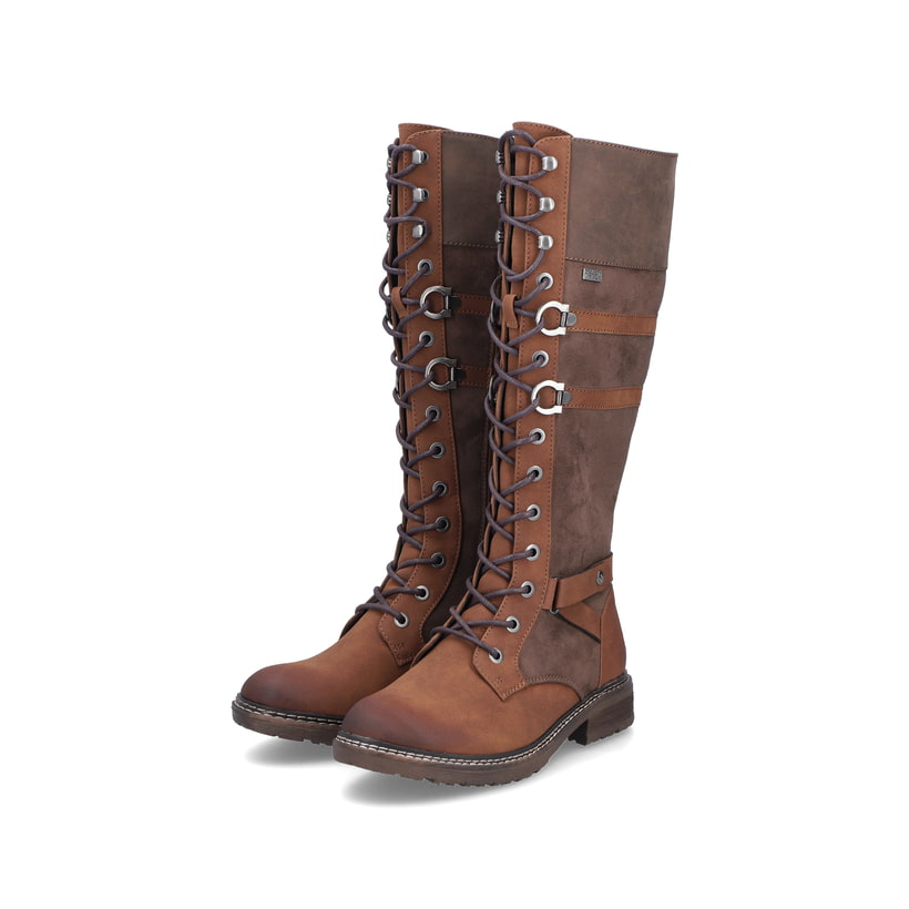 Braune Rieker Damen Hochschaftstiefel 94732-25 mit wasserabweisender TEX-Membran. Schuhpaar seitlich schräg.