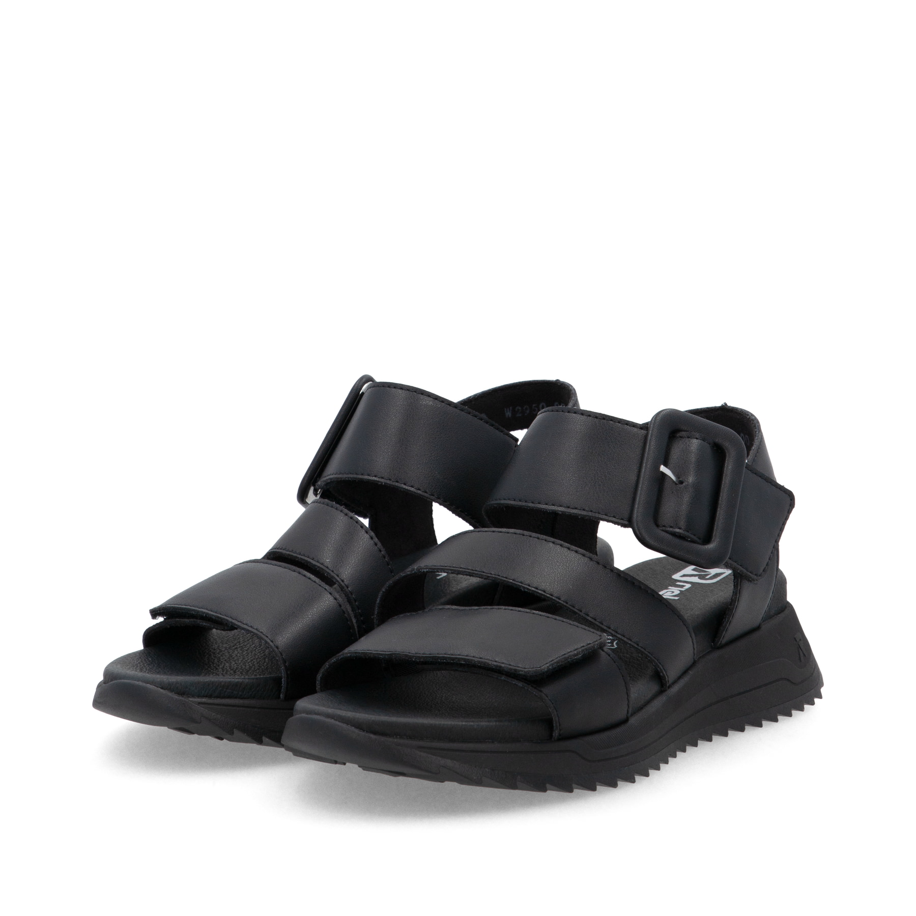 Schwarze Rieker Damen Riemchensandalen W2950-00 mit einem Klettverschluss. Schuhpaar seitlich schräg.