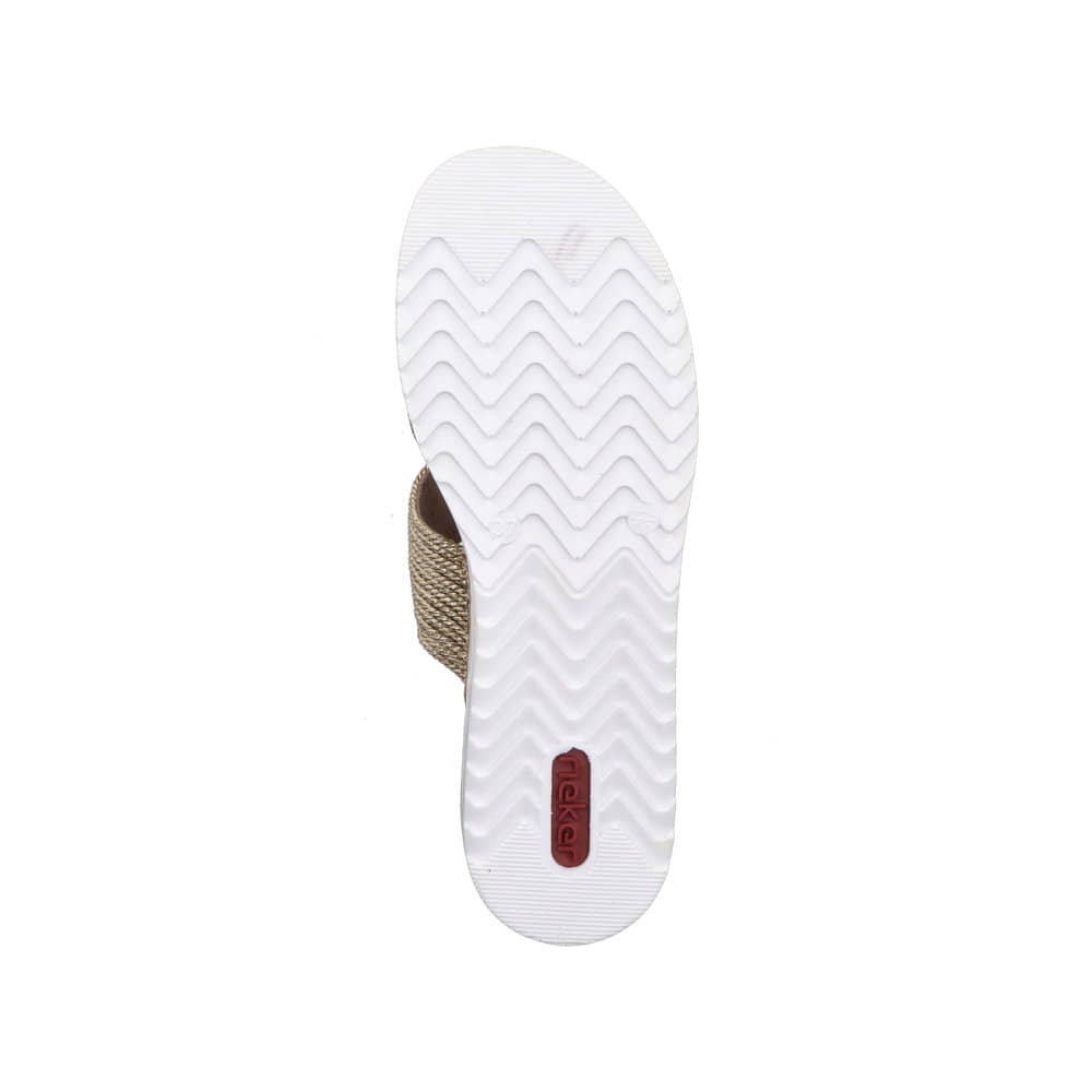 Goldene Rieker Damen Pantoletten V06R4-90 mit der schmalen Passform E. Schuh Laufsohle.