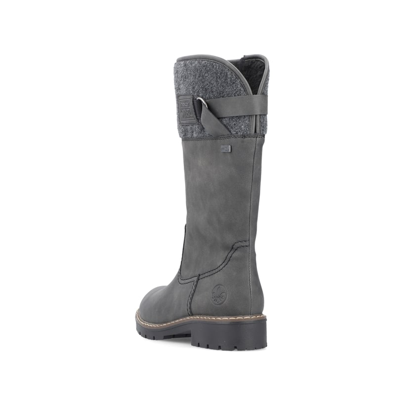 Dunkelgraue Rieker Damen Hochschaftstiefel Y9190-45 mit Filz-Kragen. Schuh von hinten.