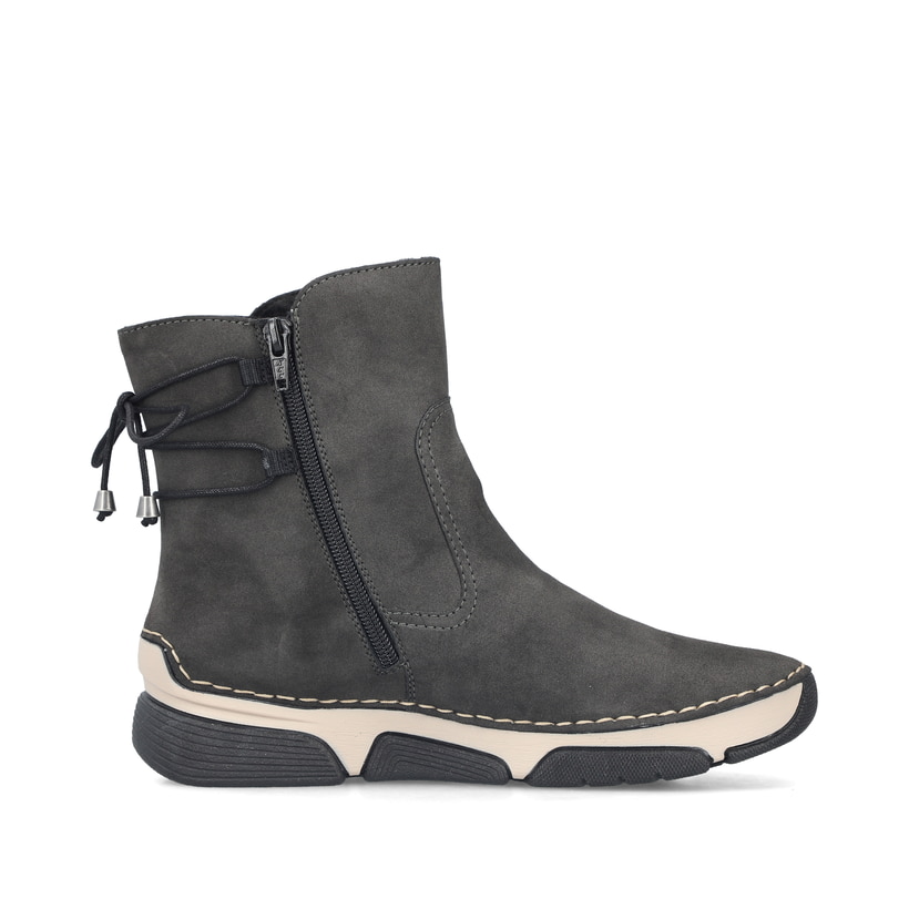 Dunkelgraue Rieker Damen Kurzstiefel 45990-45 mit einem Reißverschluss. Schuh Innenseite.