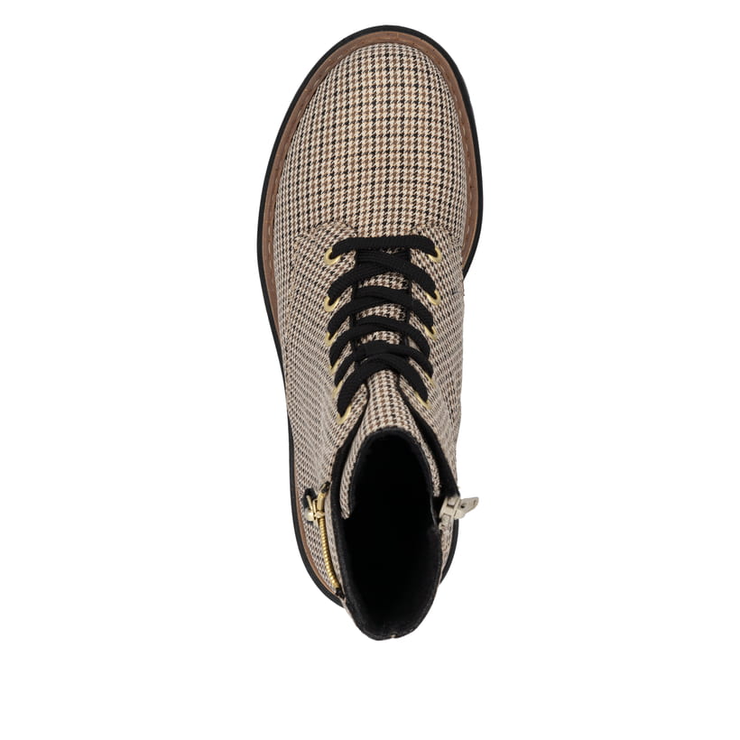 Beige Rieker Damen Biker Boots 72617-60 mit modischem Karomuster. Schuh von oben.