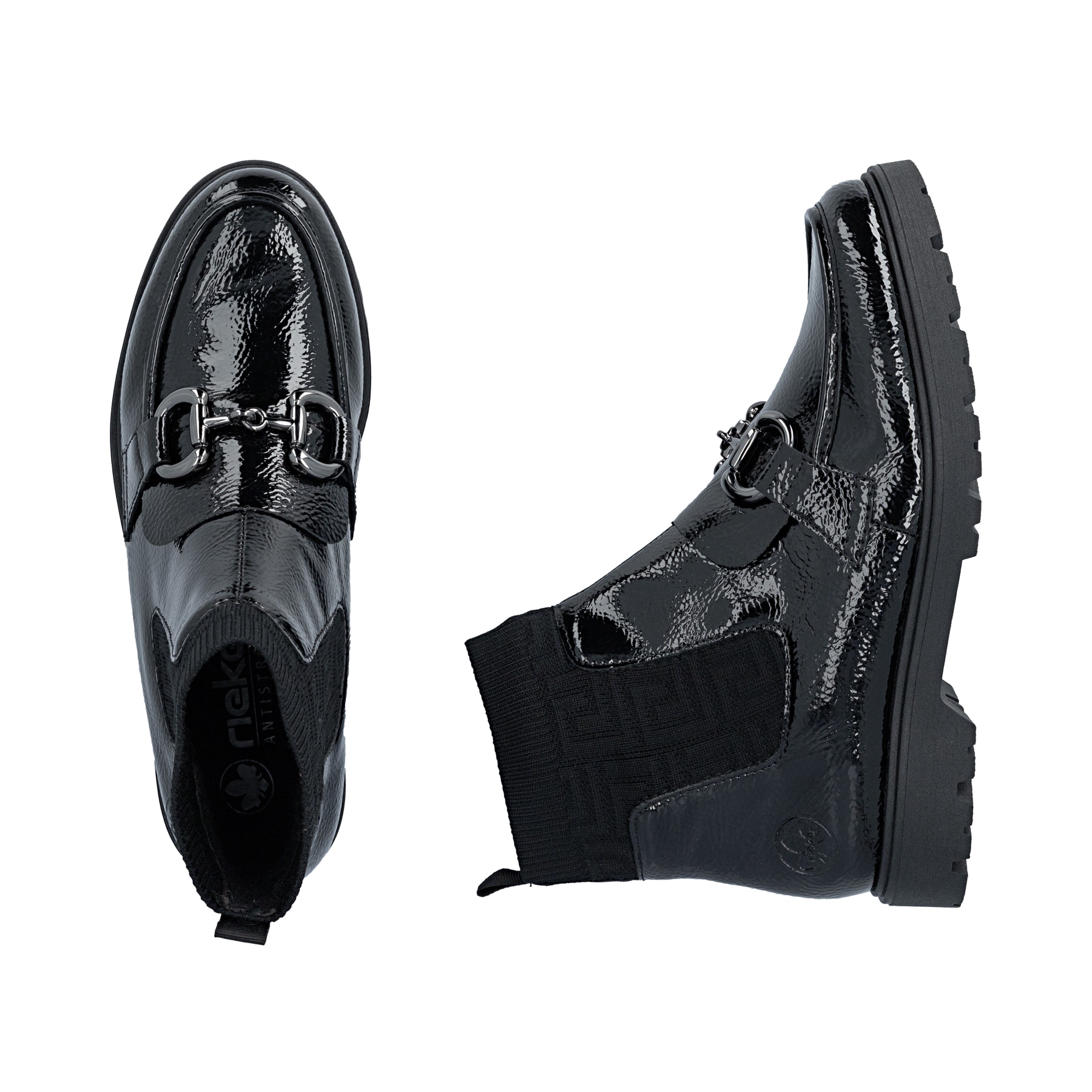 Schwarze Rieker Damen Kurzstiefel 45573-00 mit Schmuckelementen sowie Gummizug. Schuh von oben, liegend.