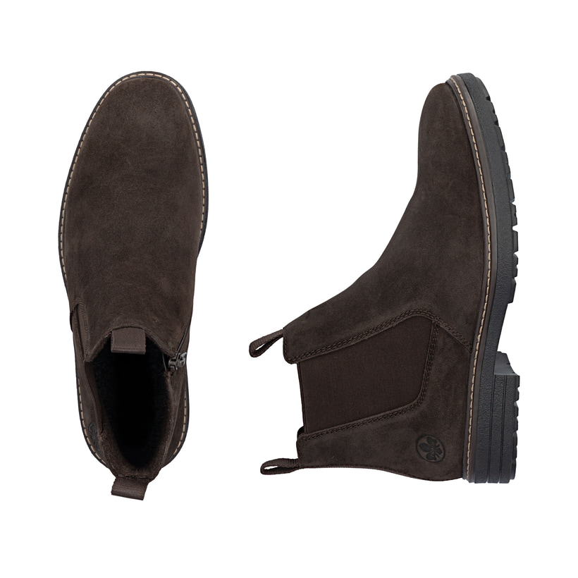Dunkelbraune Rieker Herren Chelsea Boots 33180-28 aus Rauleder. Schuh von oben, liegend.