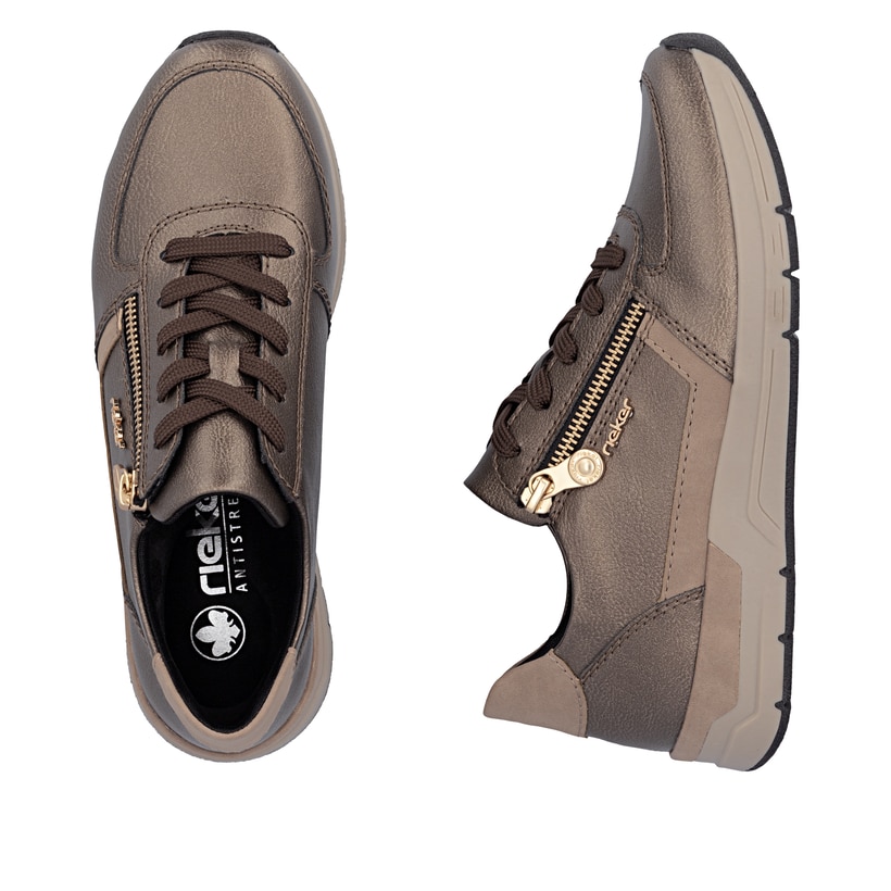 Bronze-beige Rieker Damen Sneaker Low 58902-90 mit einem Reißverschluss. Schuh von oben, liegend.