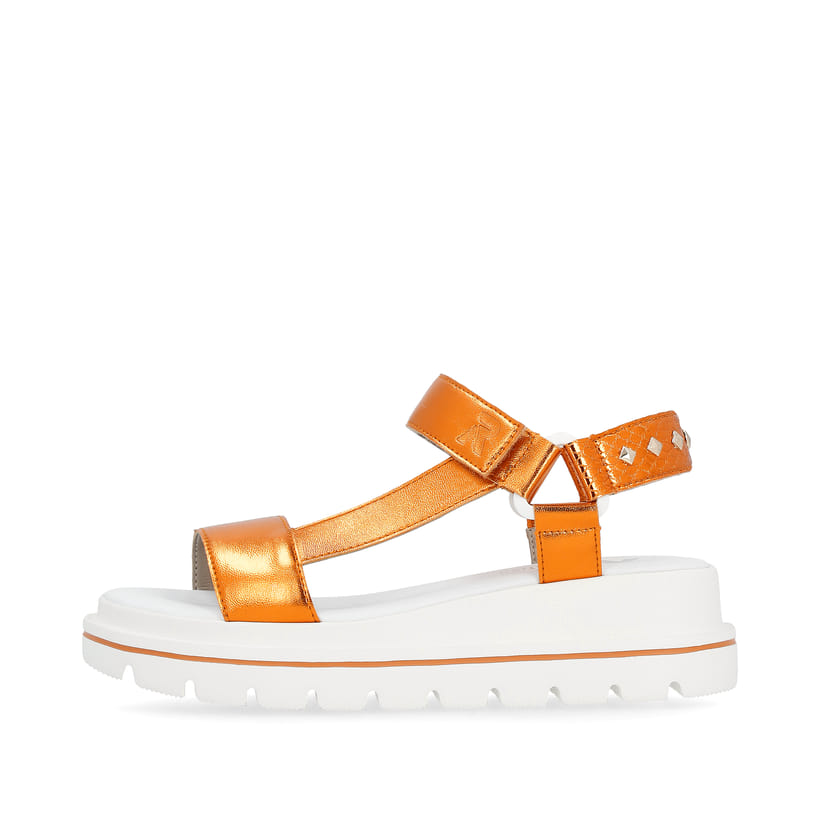 Orangene Rieker Damen Riemchensandalen W1651-38 mit ultra leichter Sohle. Schuh Außenseite.
