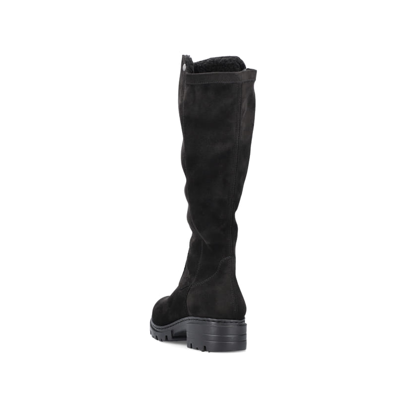 Schwarze Rieker Damen Hochschaftstiefel 76890-00 mit einem Reißverschluss. Schuh von hinten.
