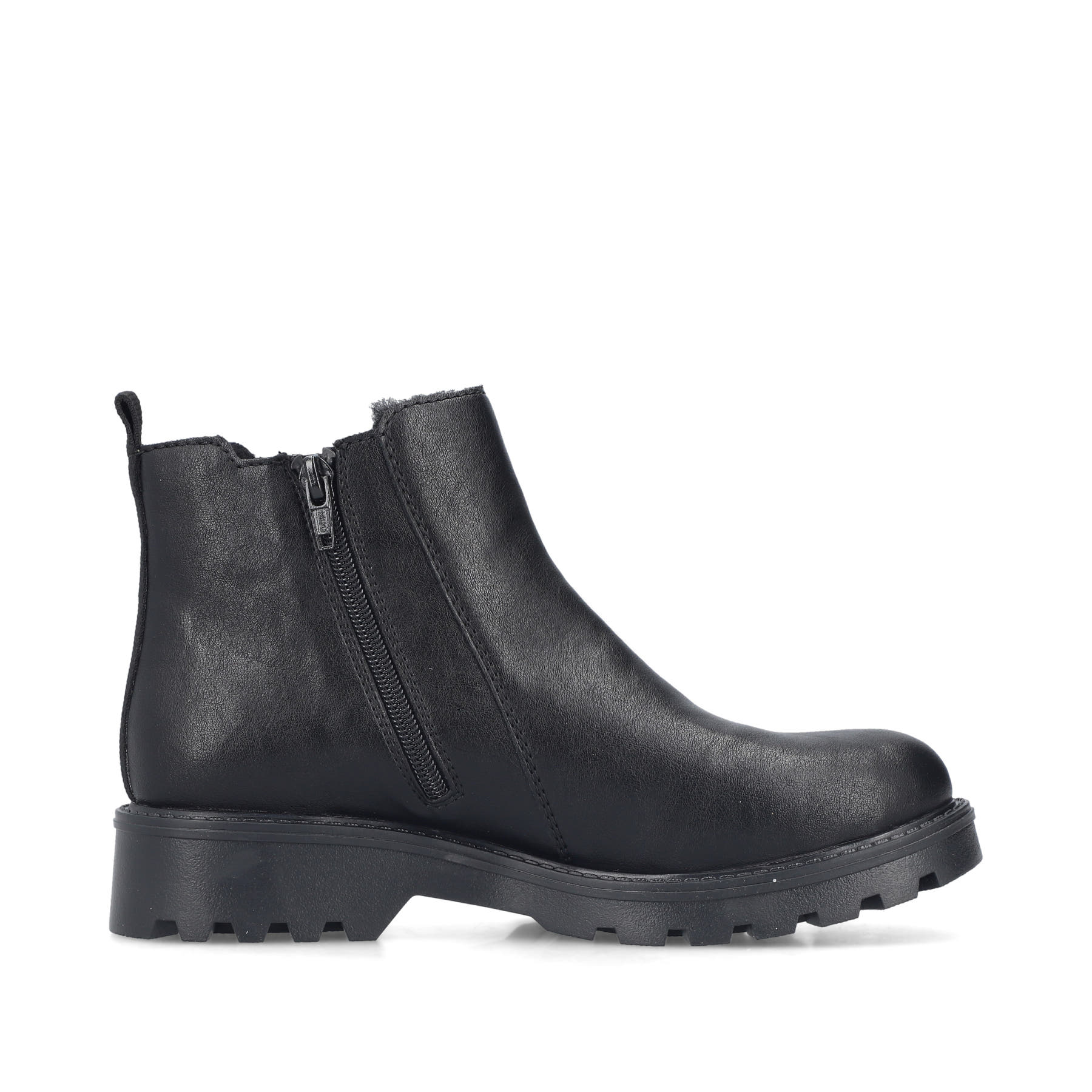Schwarze Rieker Damen Chelsea Boots 73250-01 mit einem Reißverschluss. Schuh Innenseite.