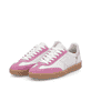 Weiße Rieker Damen Sneaker Low W2200-86 mit Schnürung sowie abriebfester Sohle. Schuhpaar seitlich schräg.