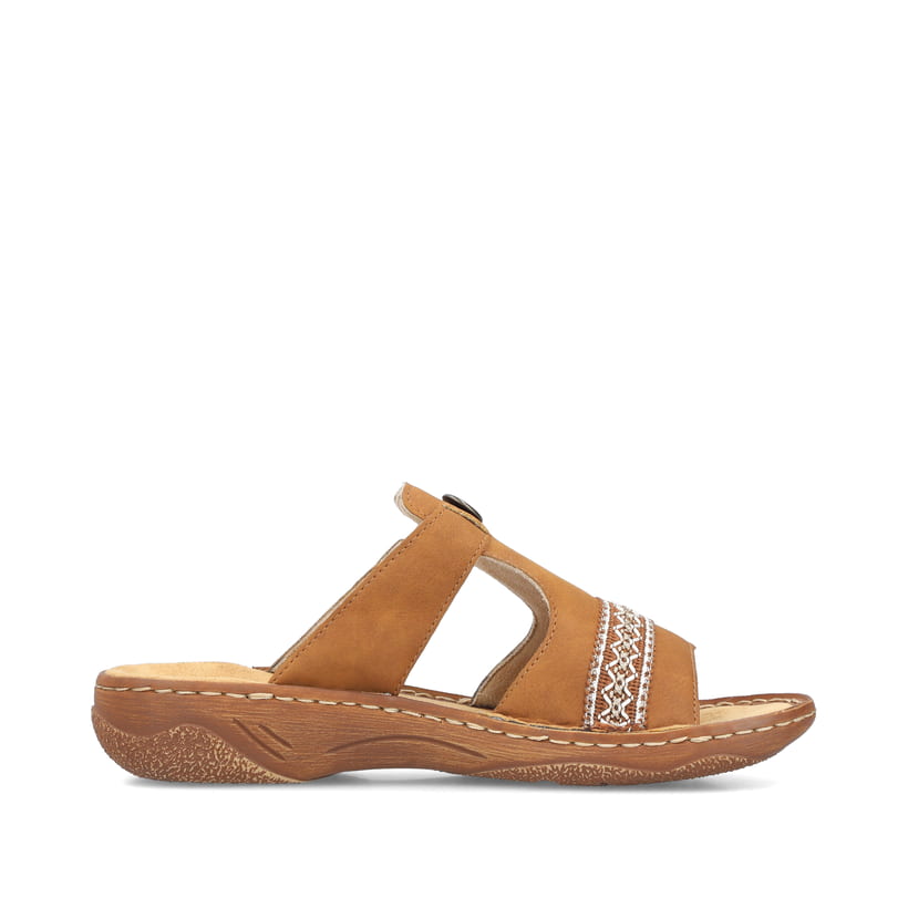 Braune Rieker Damen Pantoletten V2850-24 mit modischen Flechtelementen. Schuh Innenseite.