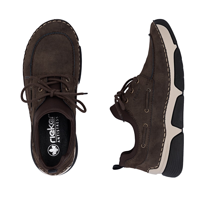 Braune Rieker Damen Slipper 45959-26 mit Gummizug sowie extra weicher Decksohle. Schuh von oben, liegend.