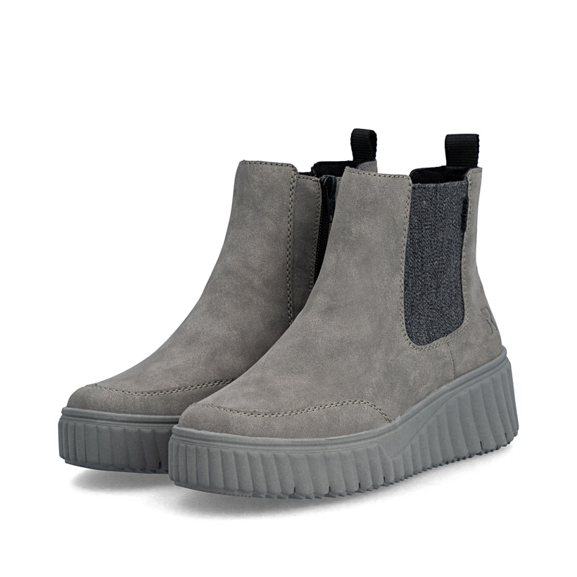 Dunkelgraue Rieker Damen Chelsea Boots N2553-40 mit einem Reißverschluss. Schuhpaar seitlich schräg.