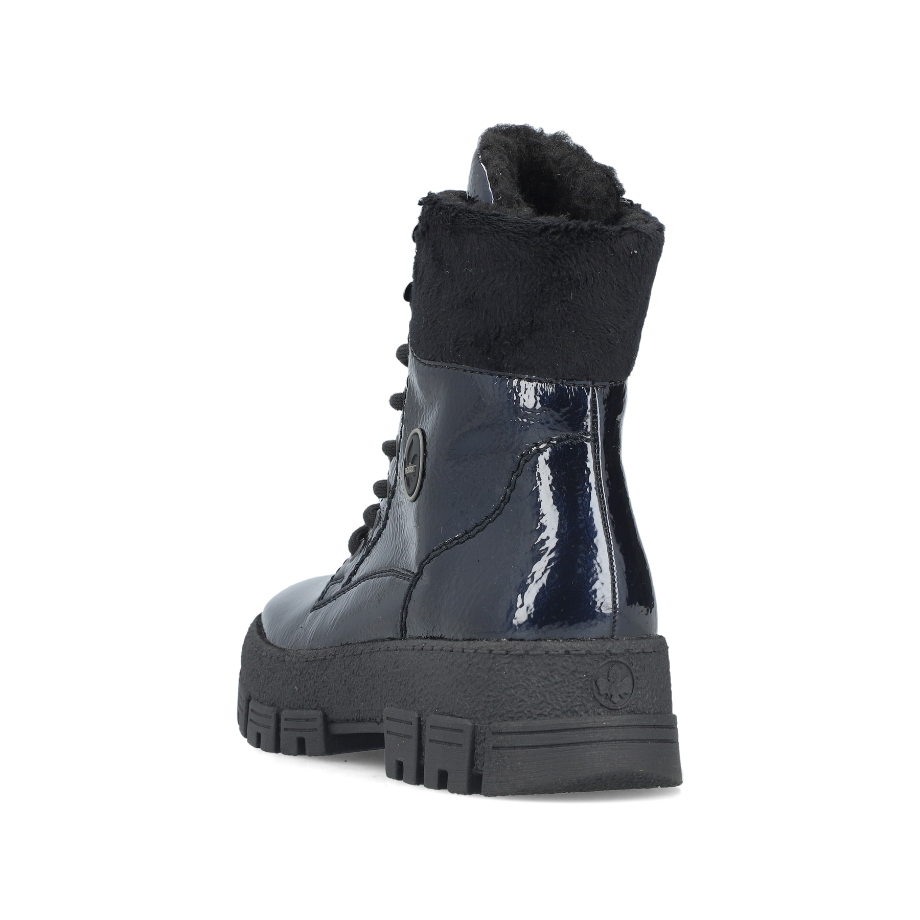 Blaue Rieker Damen Biker Boots Y0220-14 mit Reißverschluss sowie Extraweite H. Schuh von hinten.