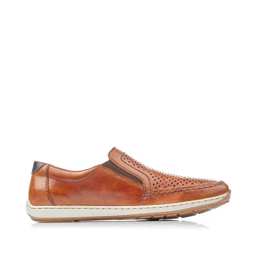Braune Rieker Herren Slipper 08868-24 mit Gummizug sowie der Komfortweite G 1/2. Schuh Innenseite.
