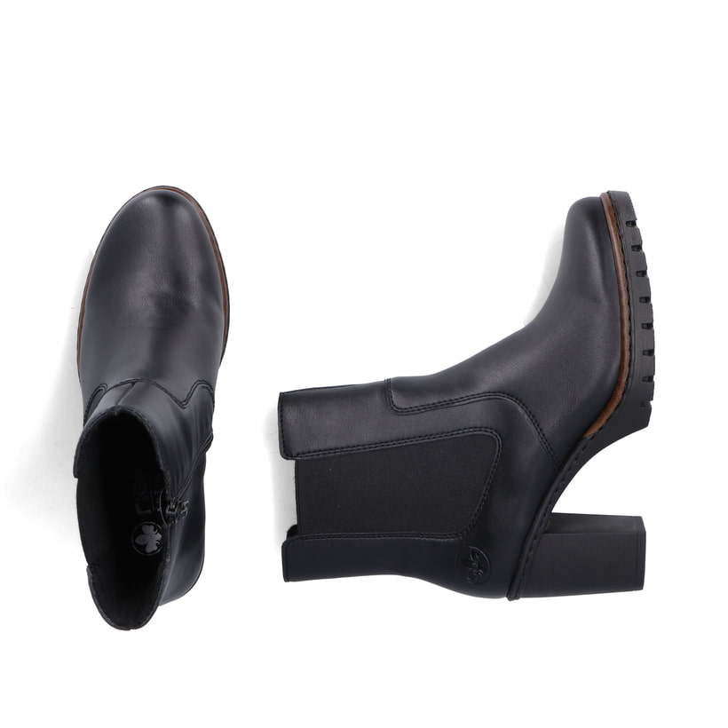 Schwarze Rieker Damen Stiefeletten Y2580-00 mit einem Reißverschluss. Schuh von oben, liegend.