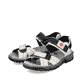 Weiße Rieker Damen Trekkingsandalen 68851-80 mit einem Klettverschluss. Schuhpaar seitlich schräg.