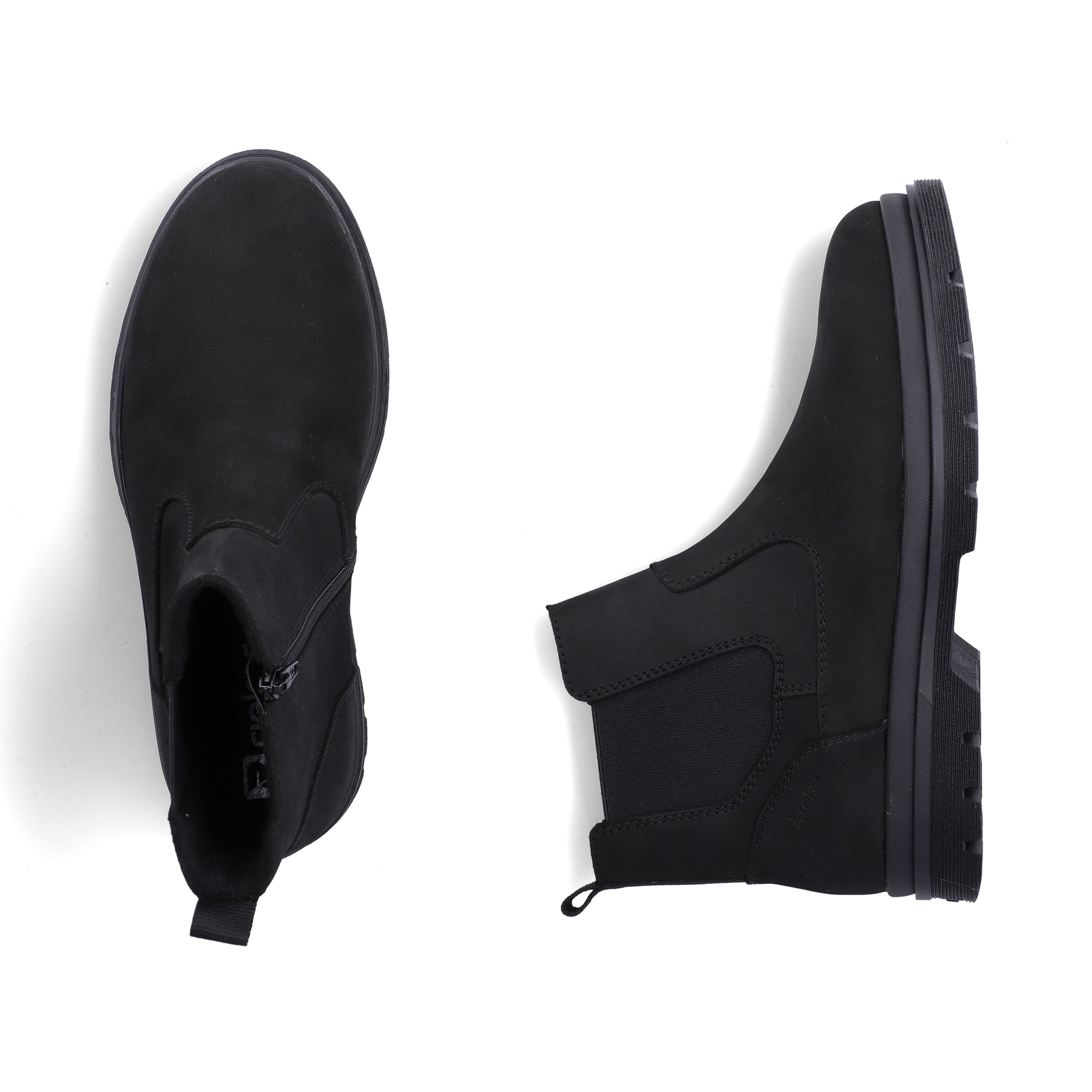 Schwarze Rieker Herren Chelsea Boots F7051-00 aus Rauleder mit Reißverschluss. Schuh von oben, liegend.