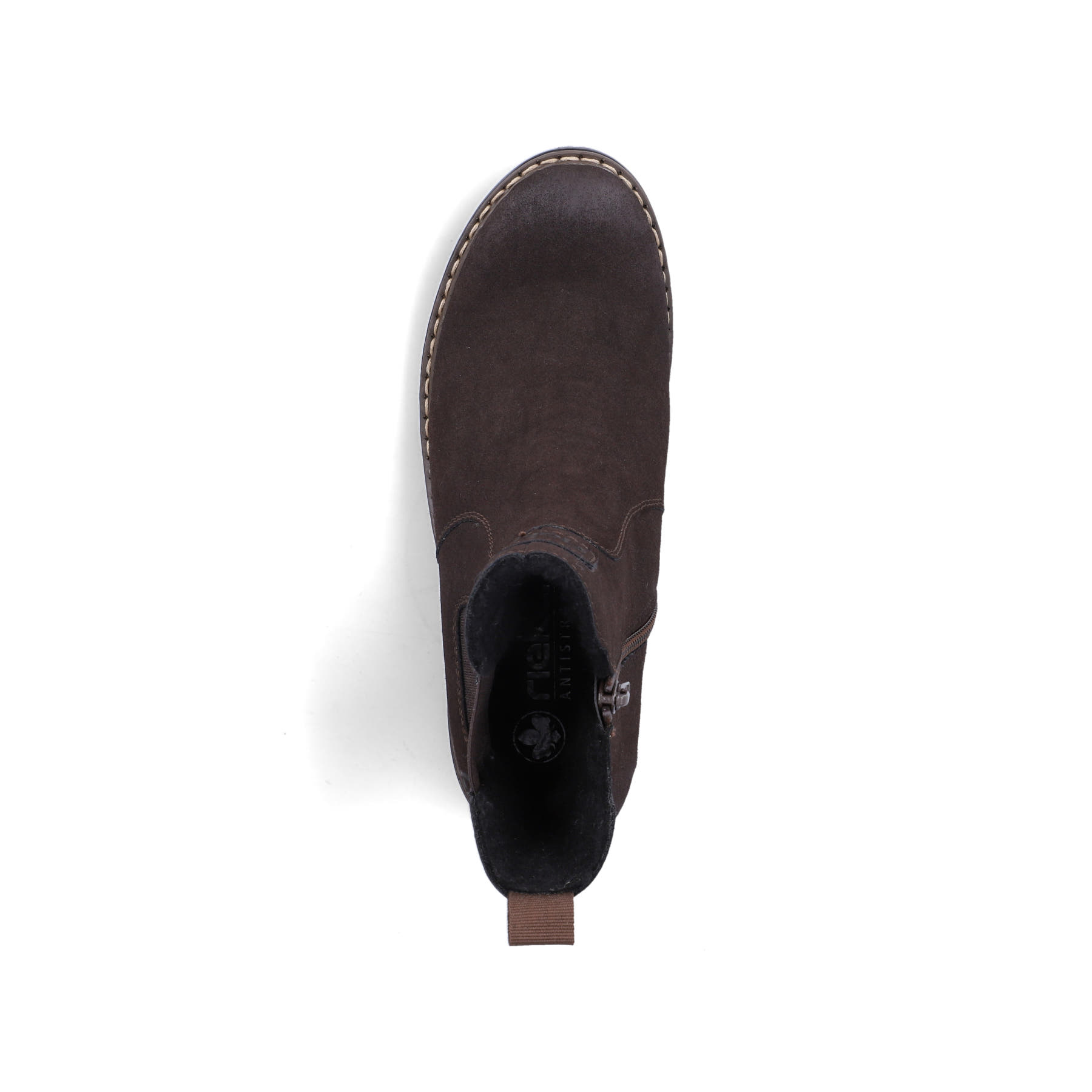 Dunkelbraune Rieker Damen Chelsea Boots Y9160-25 mit einem Reißverschluss. Schuh von oben.