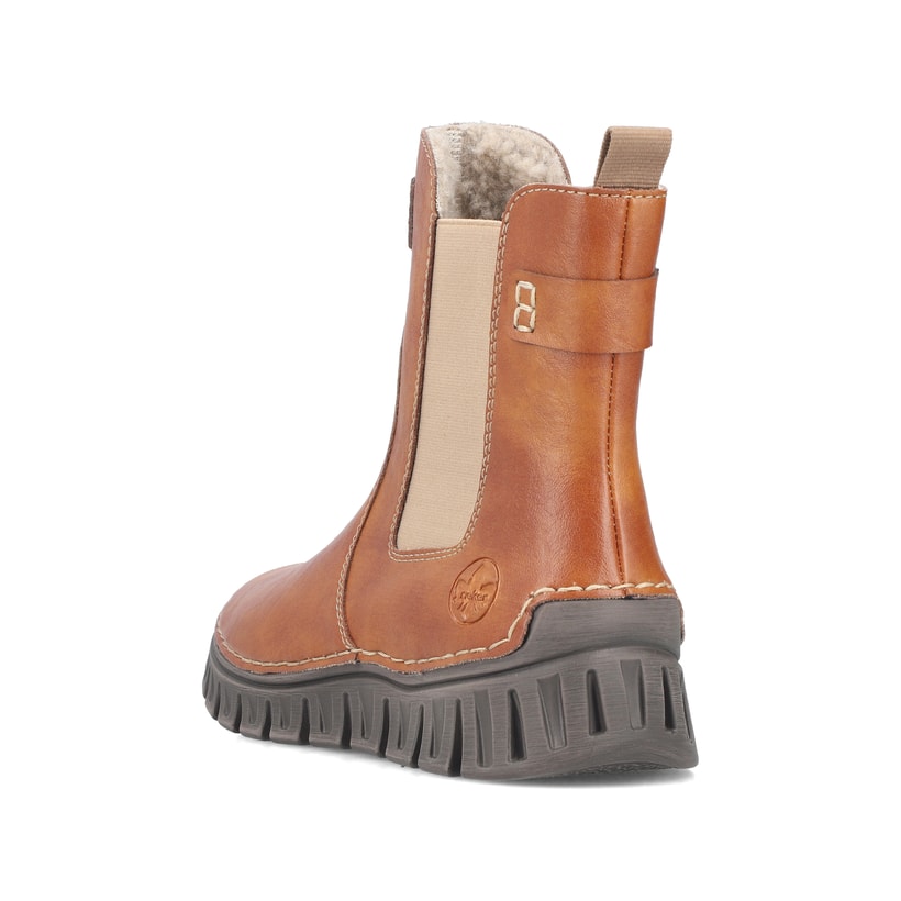 Braune Rieker Damen Chelsea Boots 57560-24 mit einem Reißverschluss. Schuh von hinten.