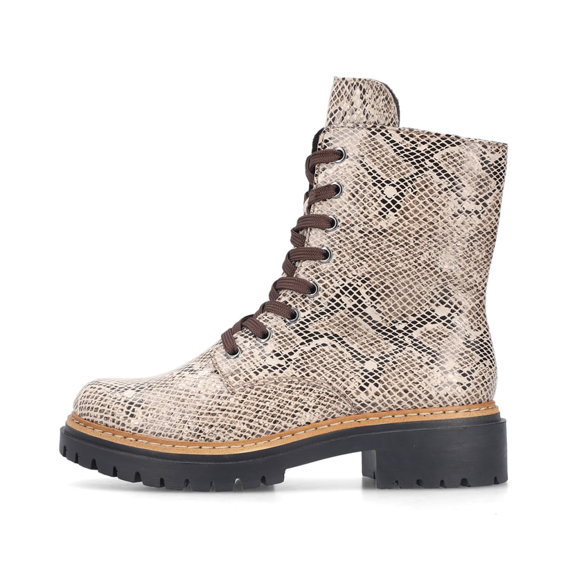 Biker Boots Rieker beiges végan femmes 72627-64 avec fermeture éclair. Côté extérieur de la chaussure.