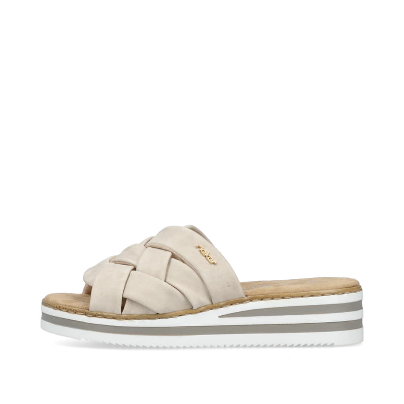 Beige Rieker Damen Pantoletten V0208-60 mit der schmalen Passform E 1/2. Schuh Außenseite.