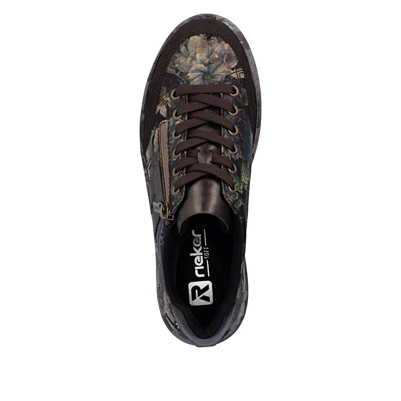 Dunkelbraun-schwarze Rieker Damen Sneaker Low M7711-26 mit floralem Aufdruck. Schuh von oben.