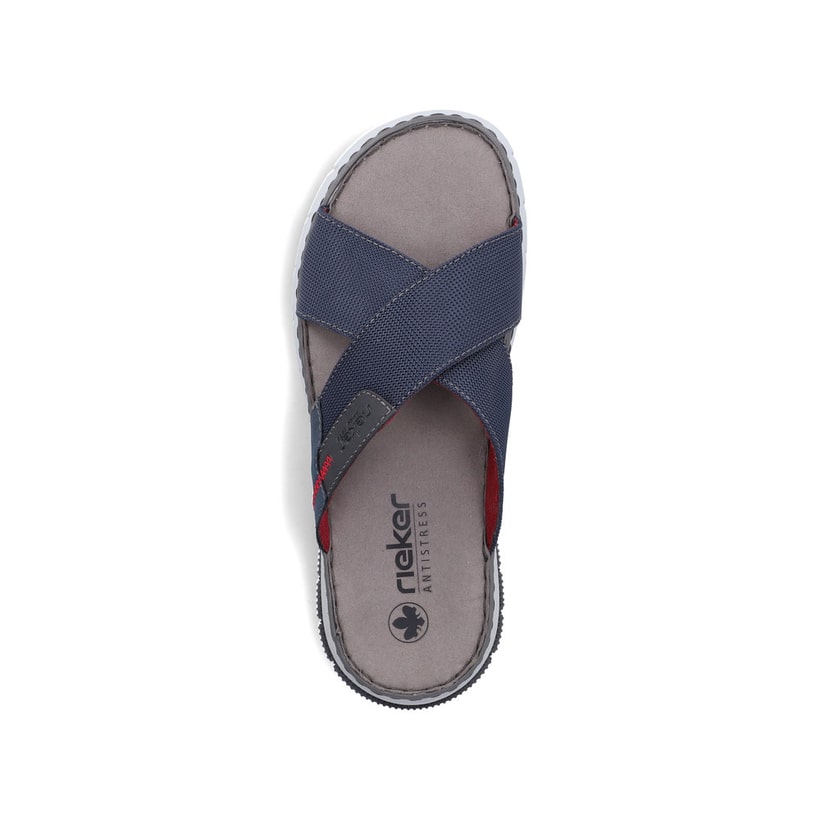 Blaue Rieker Herren Pantoletten 25250-14 mit der Komfortweite G. Schuh von oben.