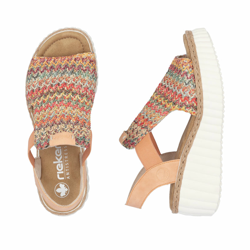 Mehrfarbige Rieker Keilsandaletten 69172-92 mit einem Gummizug. Schuh von oben, liegend.