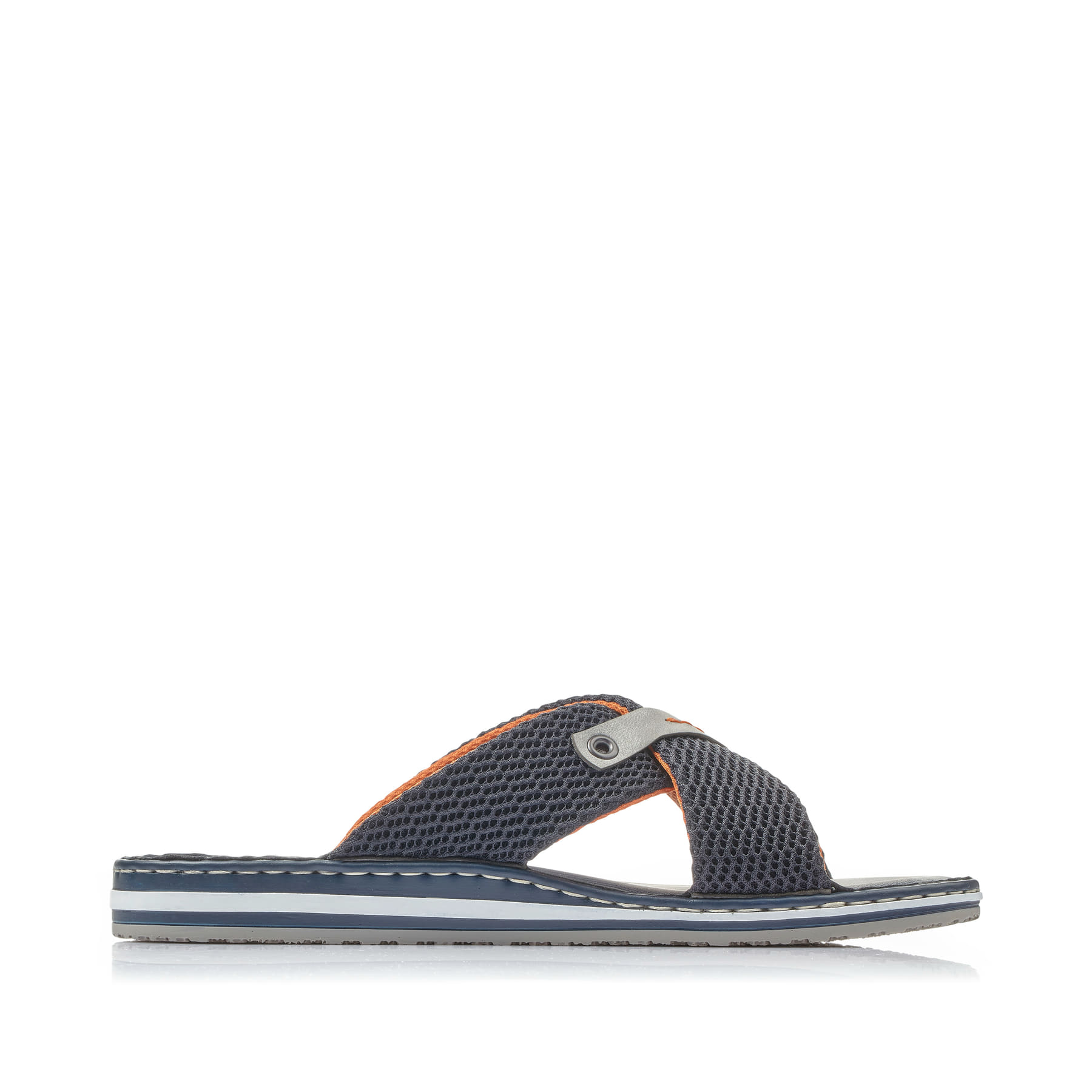 Blaue Rieker Herren Pantoletten 21539-14 mit Komfortweite G sowie leichter Sohle. Schuh Innenseite.