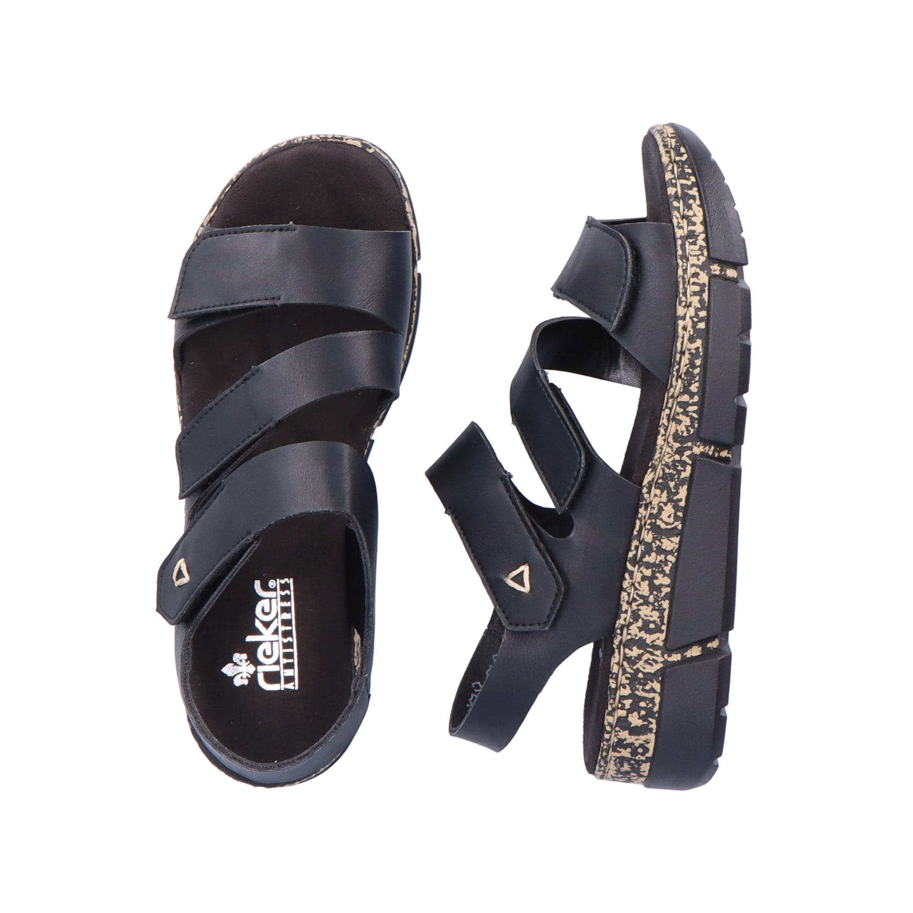 Schwarze vegane Rieker Damen Riemchensandalen V2301-00 mit handgestickten Nähten. Schuh von oben, liegend.