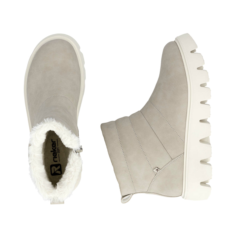 Beige Rieker Damen Kurzstiefel W2070-62 aus Glattleder mit einem Reißverschluss. Schuh von oben, liegend.