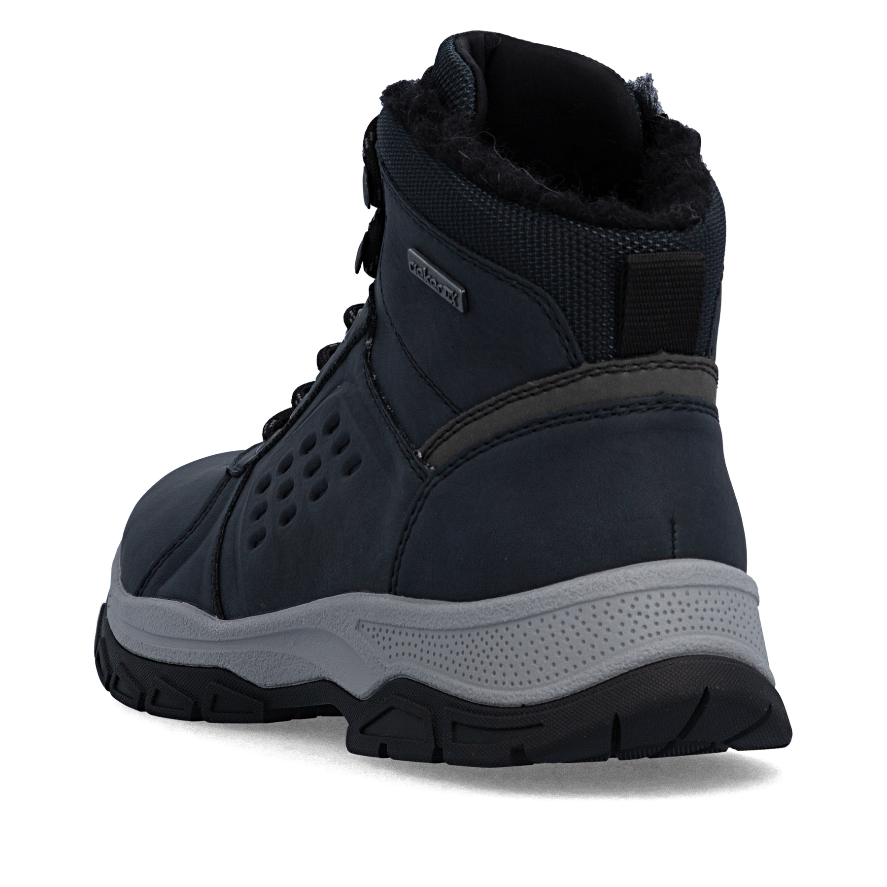Dunkelblau-schwarze Rieker Herren Schnürstiefel 30201-14 mit Reißverschluss. Schuh von hinten.