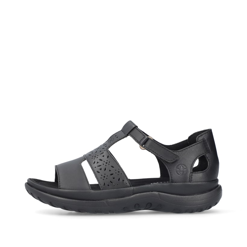 Schwarze Rieker Damen Riemchensandalen 64865-01 mit einem Klettverschluss. Schuh Außenseite.