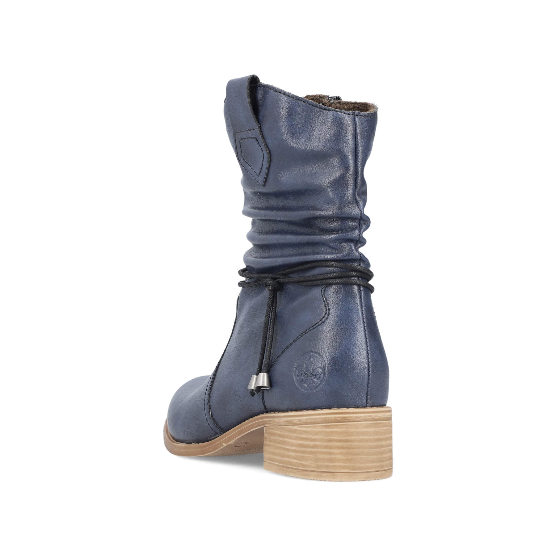 Pazifikblaue Rieker Damen Kurzstiefel 76584-14 mit modischer Kordel. Schuh von hinten.