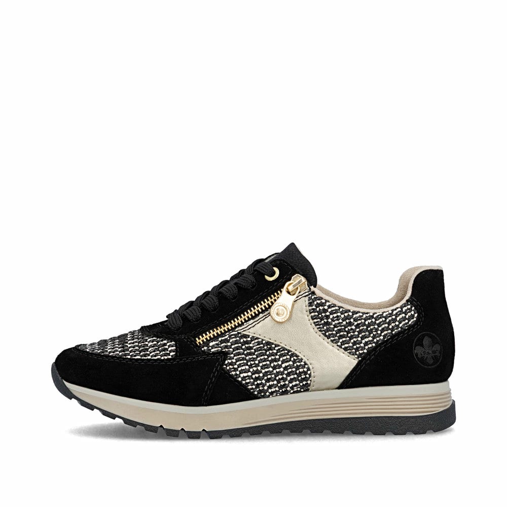 Baskets basses Rieker noires pour femme 49010-01 avec fermeture éclair. Côté extérieur de la chaussure.