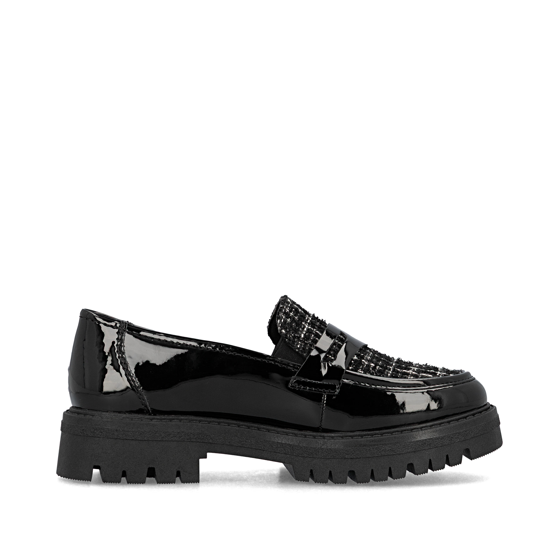 Schwarze Rieker Damen Loafer 47550-00 mit Gummizug sowie extra weicher Decksohle. Schuh Innenseite.