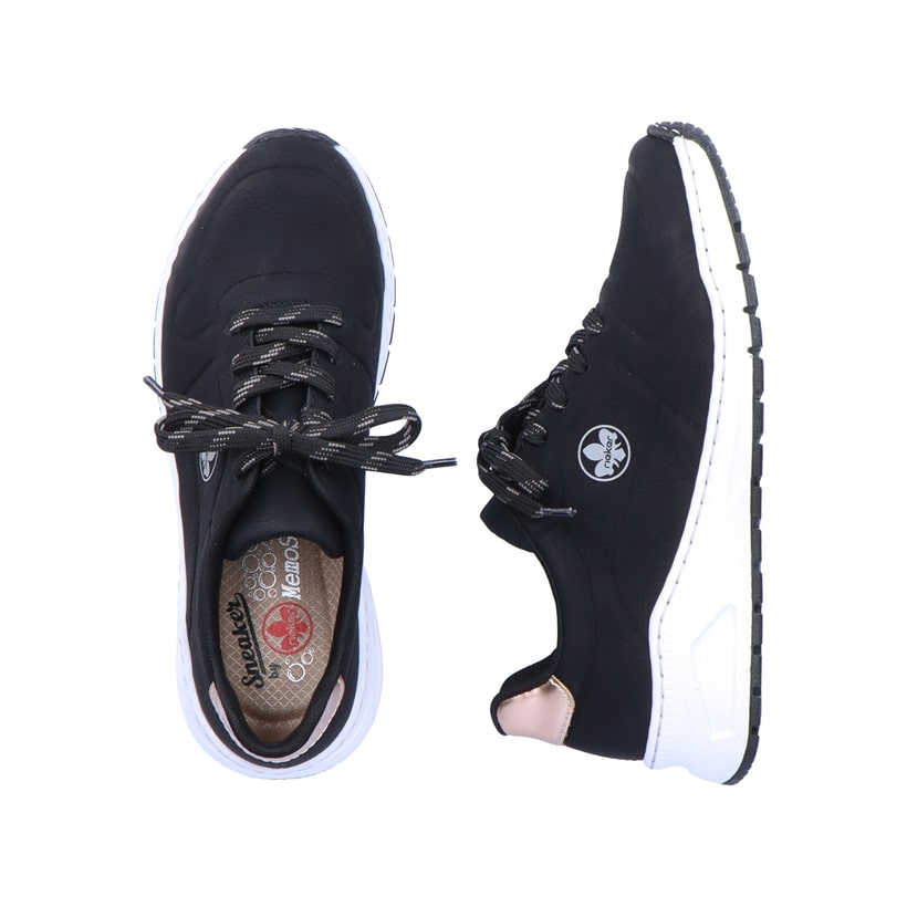Schwarze Rieker Damen Sneaker Low M4903-01 mit Schnürung sowie der Extraweite H. Schuh von oben, liegend.