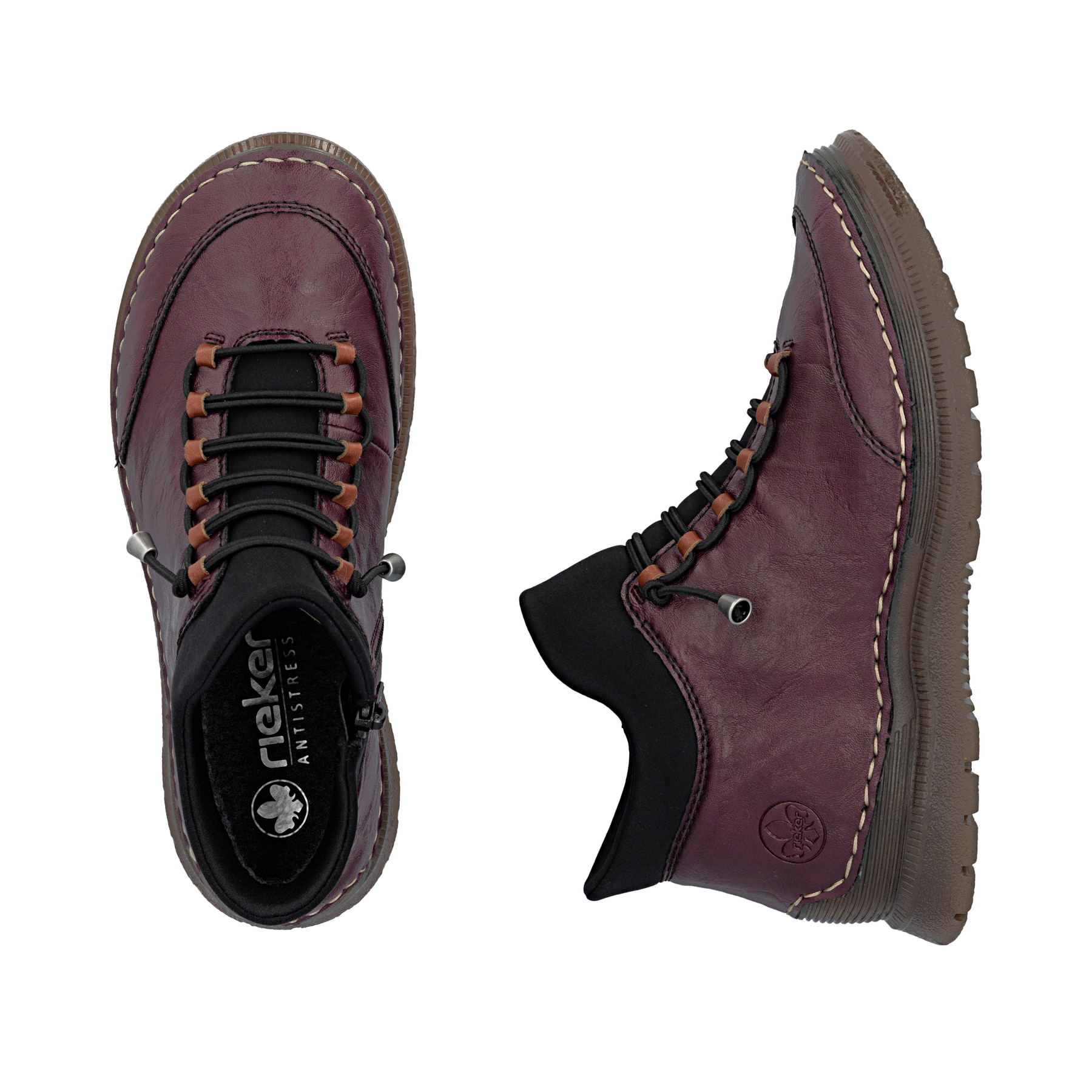 Brombeerfarbene Rieker Damen Kurzstiefel 53650-30 mit einem Reißverschluss. Schuh von oben, liegend.