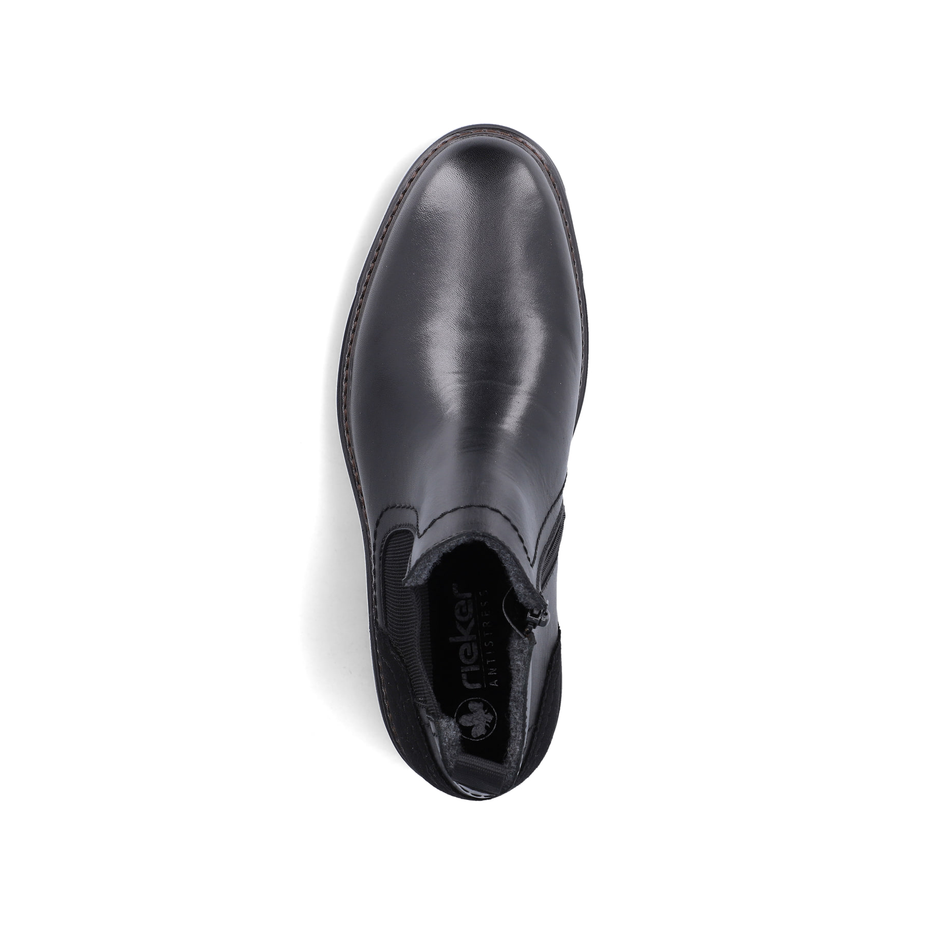 Schwarze Rieker Herren Chelsea Boots F2750-00 aus Glattleder mit Reißverschluss. Schuh von oben.