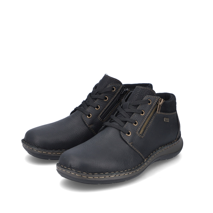 Asphaltschwarze Rieker Herren Schnürschuhe 03043-00 mit Schnürung und Reißverschluss. Schuhpaar schräg.